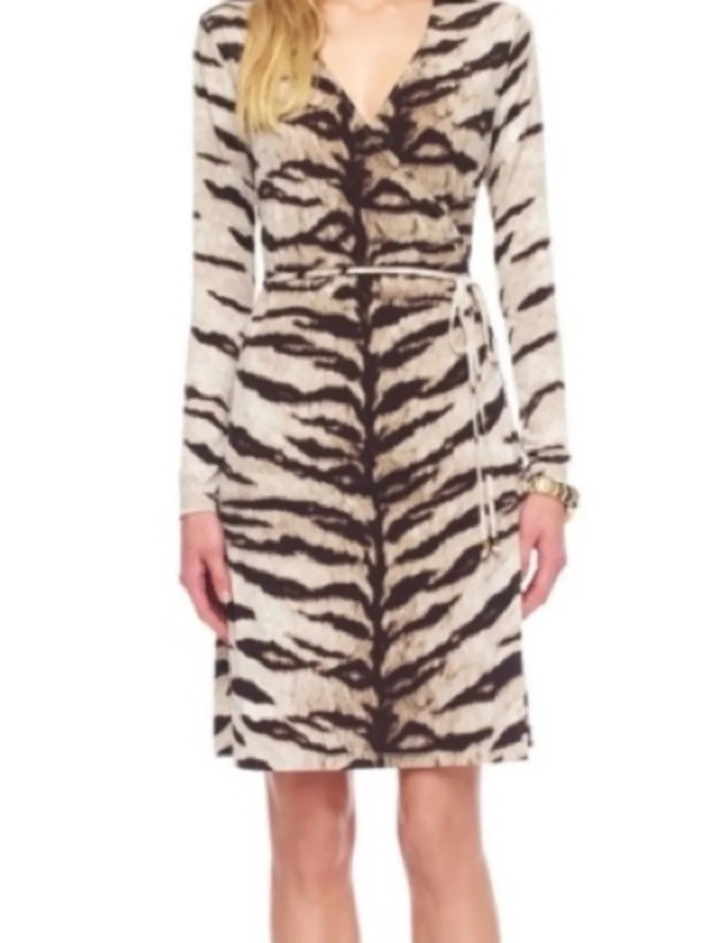 MICHAEL Michael Kors Beige and Brown Tiger-Print Long-Sleeve Wrap Dress - Picture 1 of 4